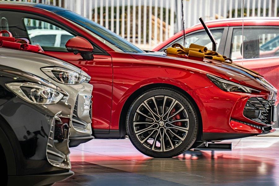 New cars on display in a showroom